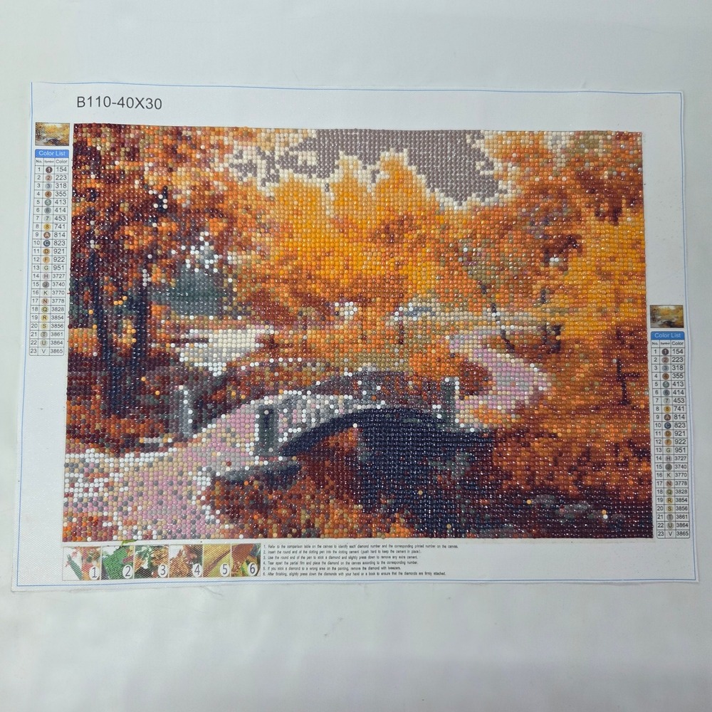 Unbranded Completed Diamond Painting Autumn Landscape Bridge 40x30cm OrangeMulti